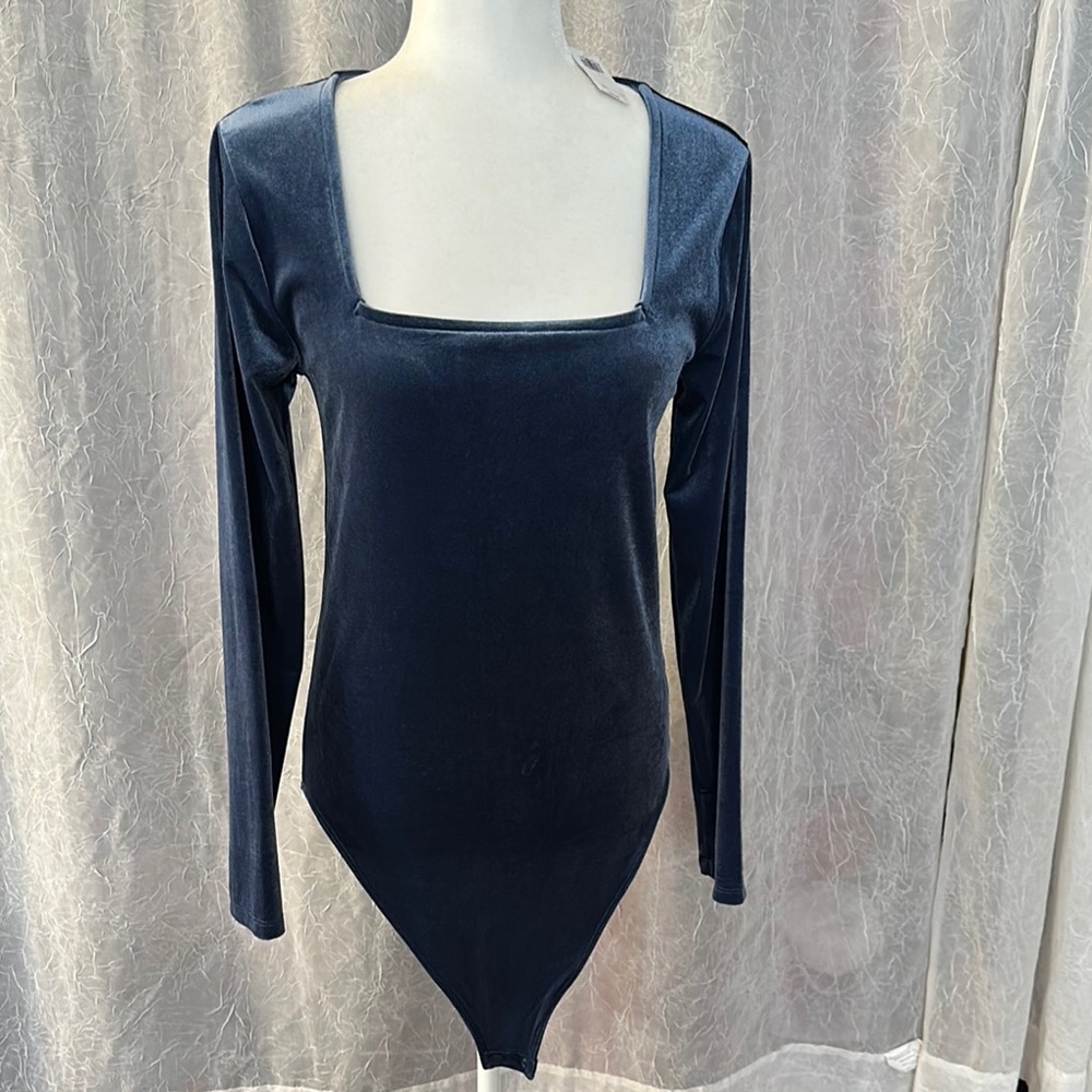 Old Navy Blue Asymmetrical Bodysuit with Square Neckline and Long Sleeves